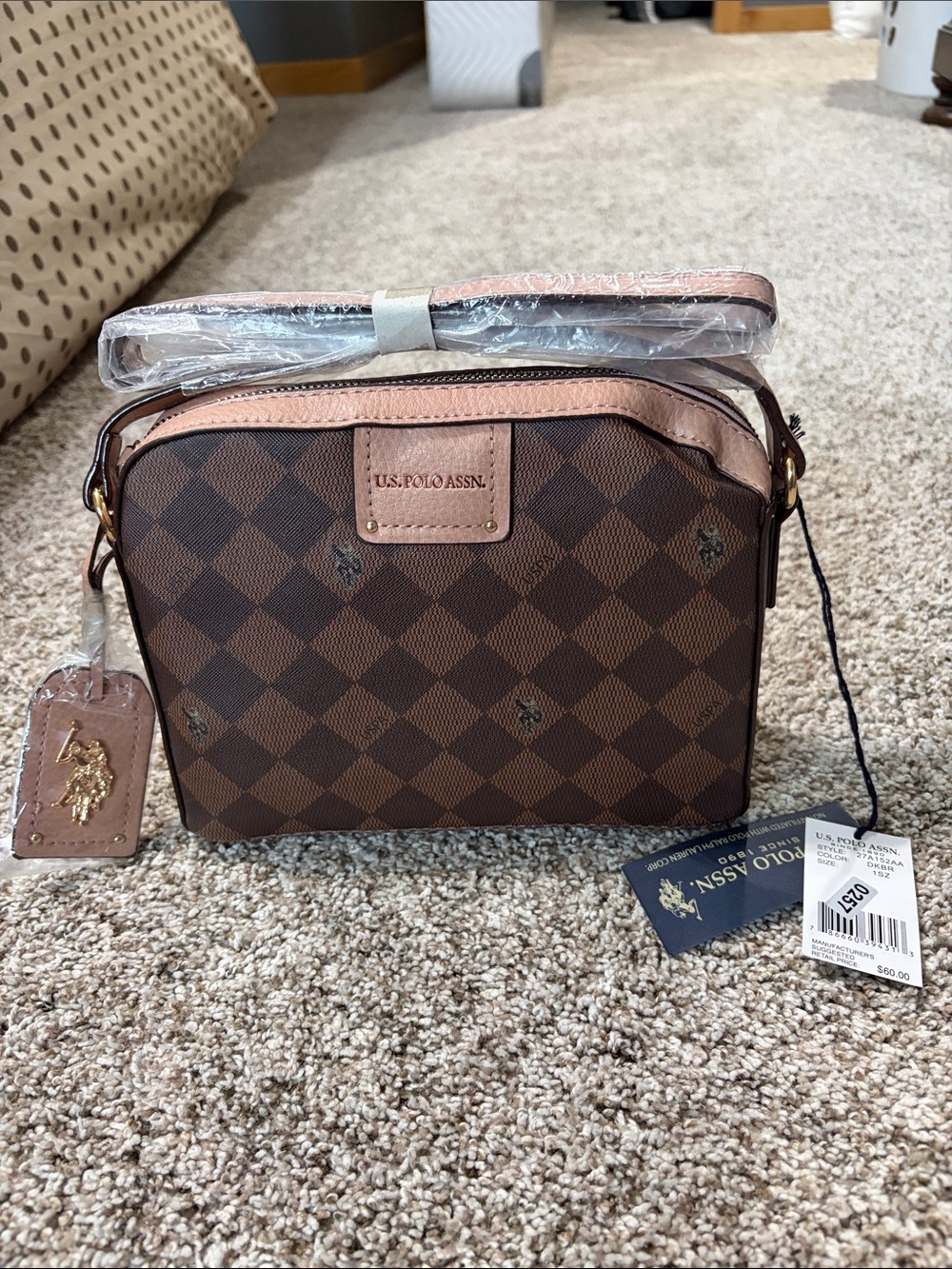 U.S. Polo Assn. Brown Checker Crossbody Bag with Tan Trim